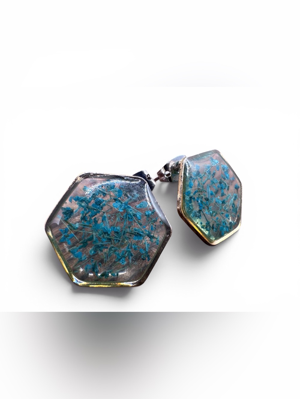 Handcrafted Hexagon Blue Floral Resin Drop Earrings